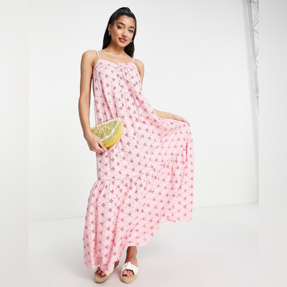 ASOS Broderie Eyelet Strappy Maxi Dress with Covered Buttons Light & Dark Pink